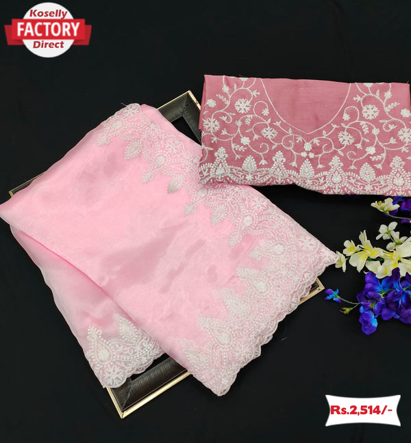 Designer Baby Pink Organza Silk Saree With Embroidery