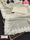 Designer Cream Organza Silk Saree With Embroidery