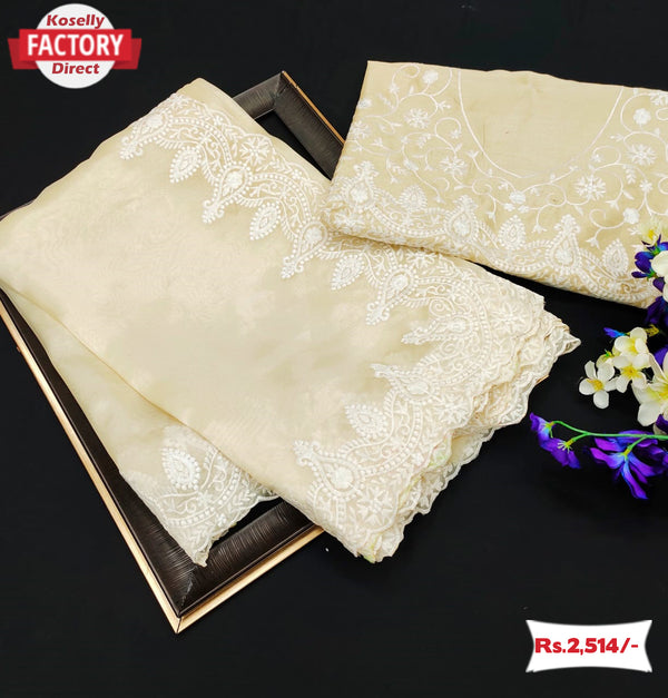 Designer Cream Organza Silk Saree With Embroidery