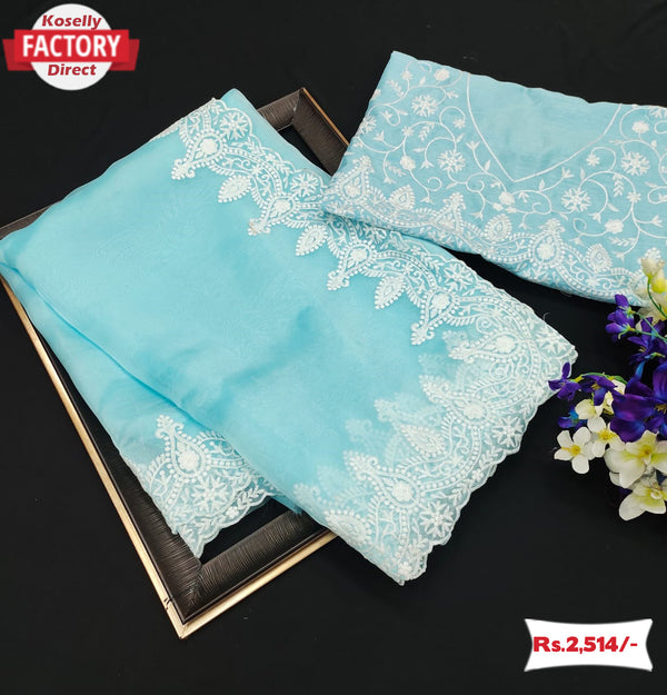 Sky Blue Organza Silk Saree With Embroidery
