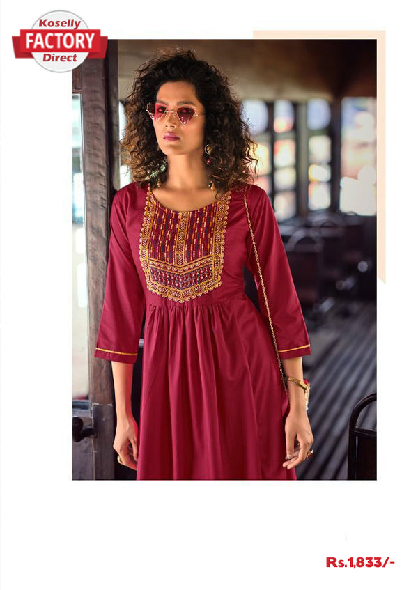 Red Embroidered Frock Design Kurthi Top