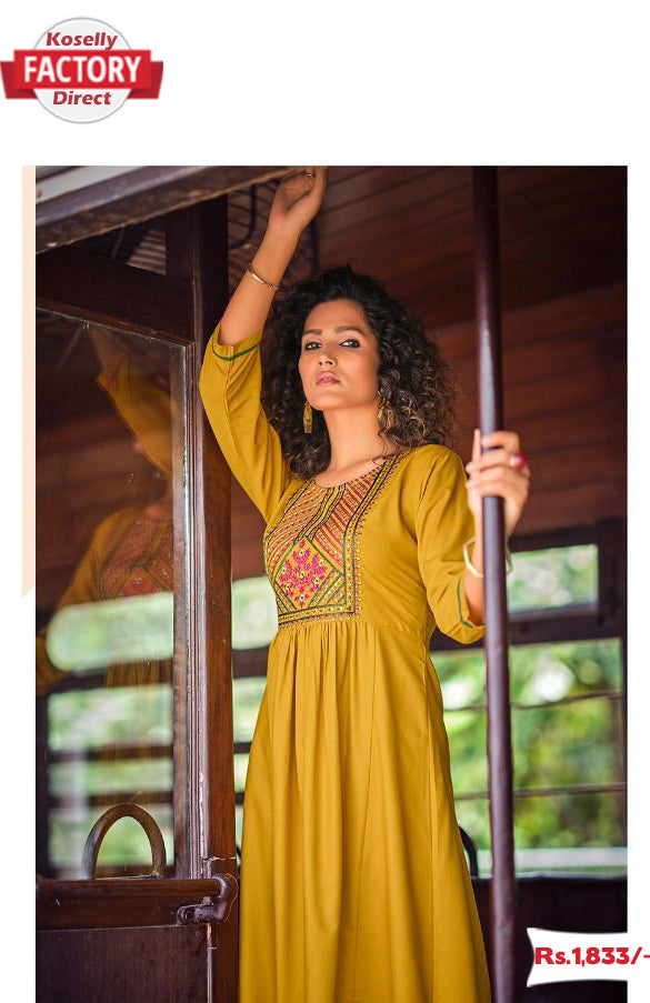 Mustard Yellow Embroidered Frock Design Kurthi Top