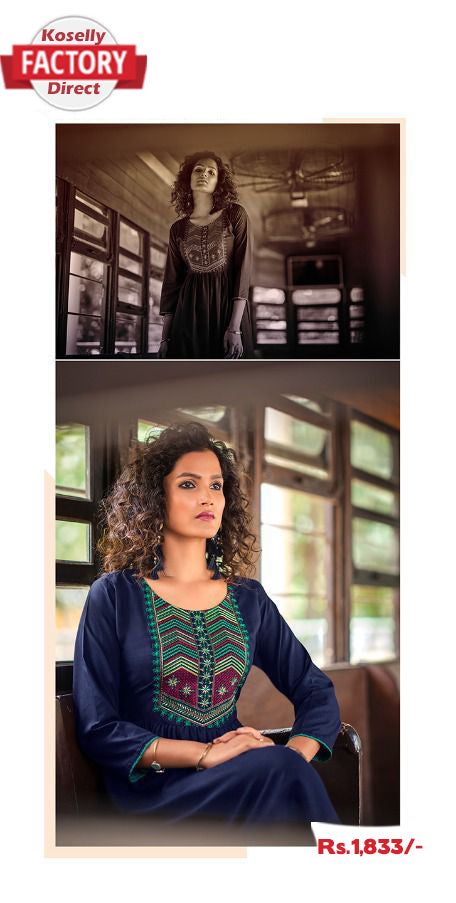 Navy Blue Embroidered Frock Design Kurthi Top