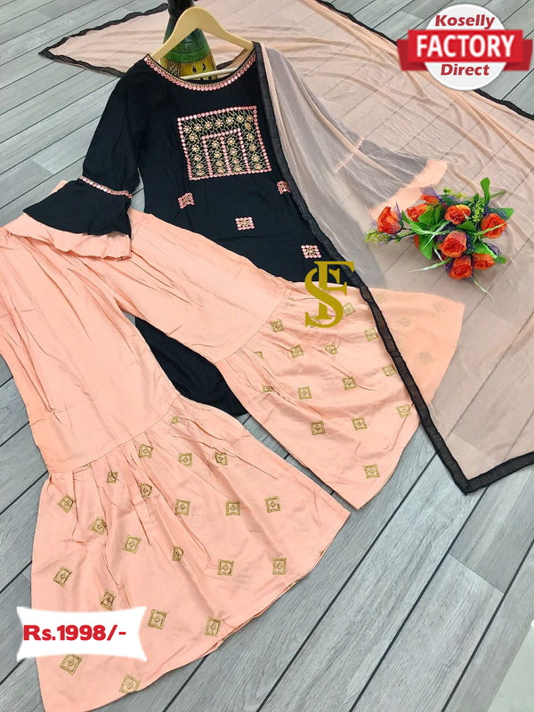 Black and Peach Kurtha Sharara Set