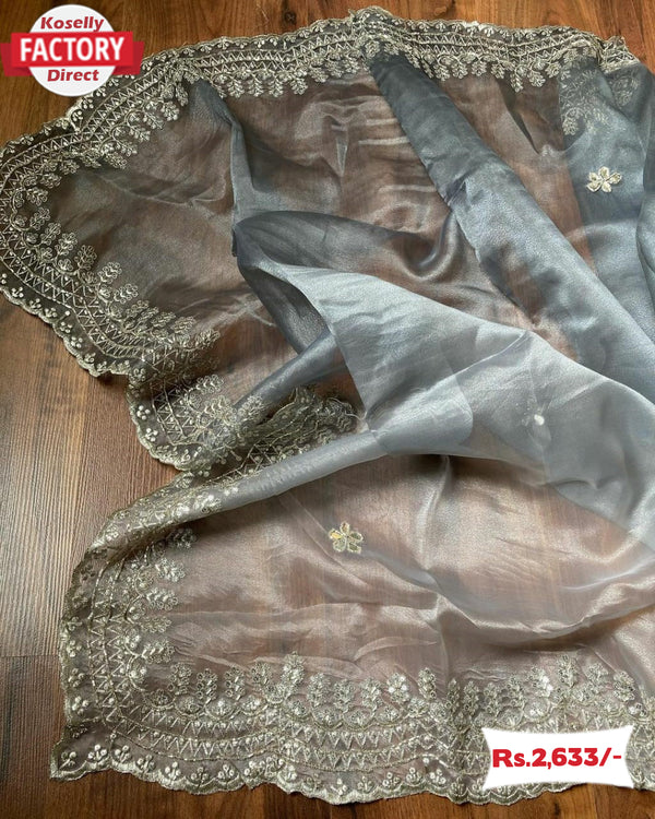 Ash Designer Organza Silk Saree With Embroidery