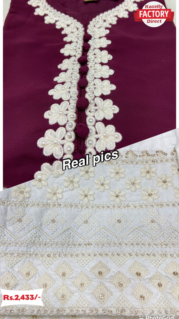 Wine Embroidered Kurtha Pant Set