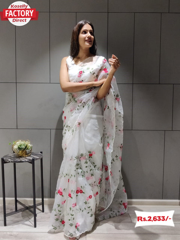 White Organza Designer Embroidered Saree