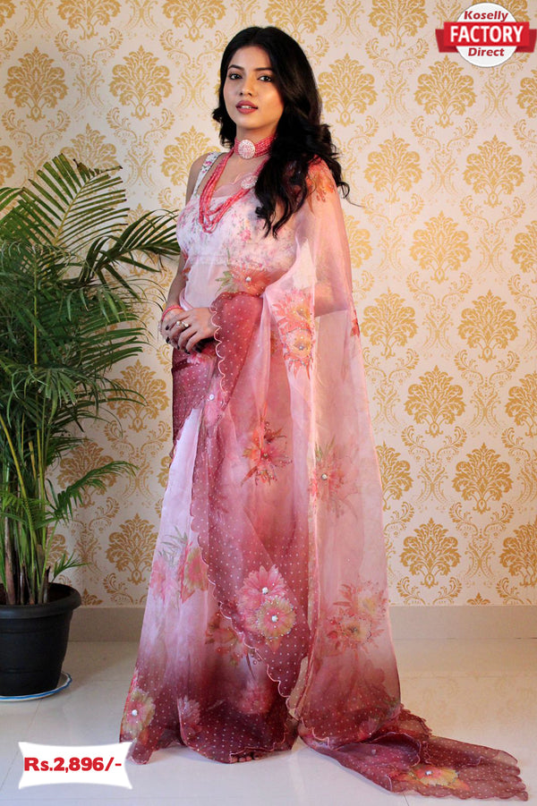 Multi-shaded Designer Organza Silk Saree With Embroidery