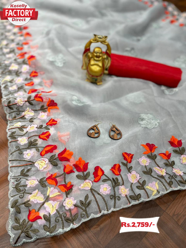 Designer Ash Embroidered Organza Saree