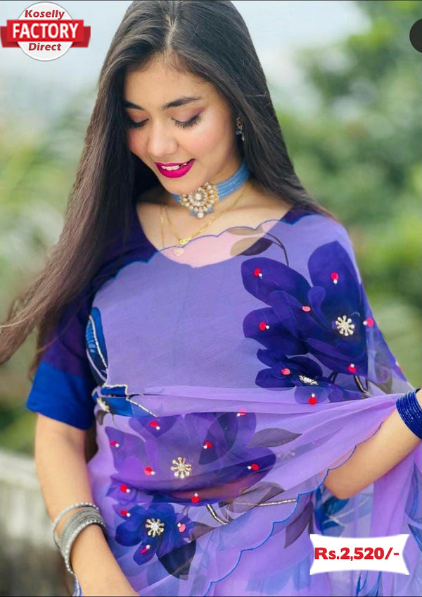 Purple Designer Organza Silk Saree With Embroidery