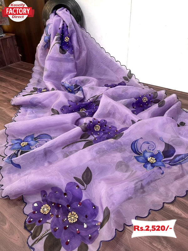 Purple Designer Organza Silk Saree With Embroidery