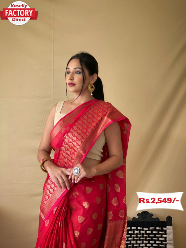 Red Banarasi Zari Linen Sarees