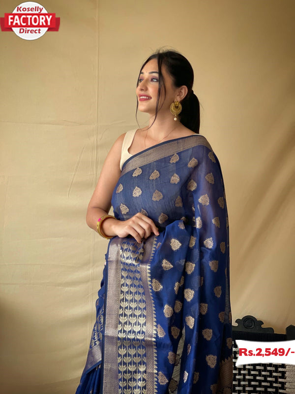 Navy Blue Banarasi Zari Linen Sarees