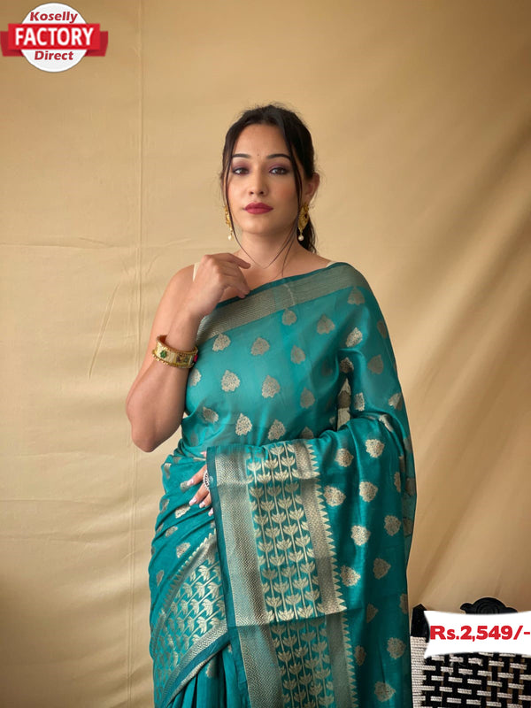 Sea Green Banarasi Zari Linen Sarees