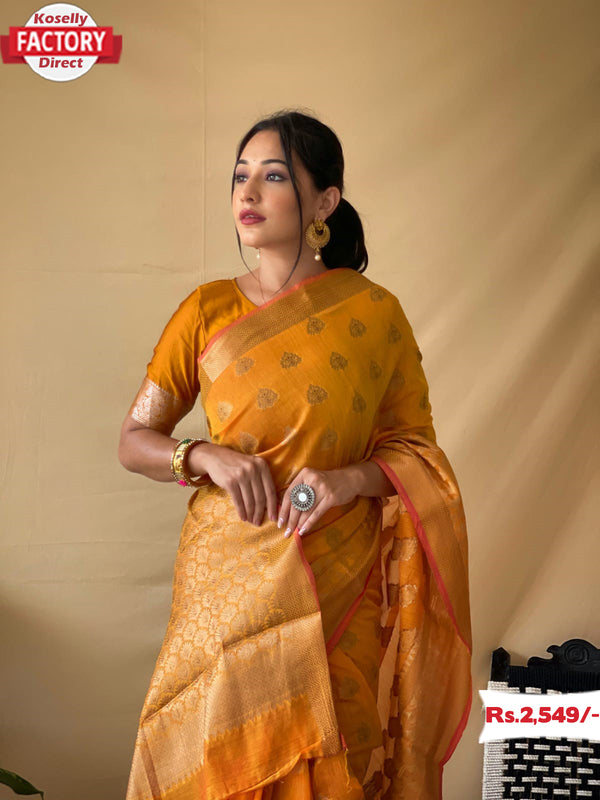 Yellow Banarasi Zari Linen Sarees