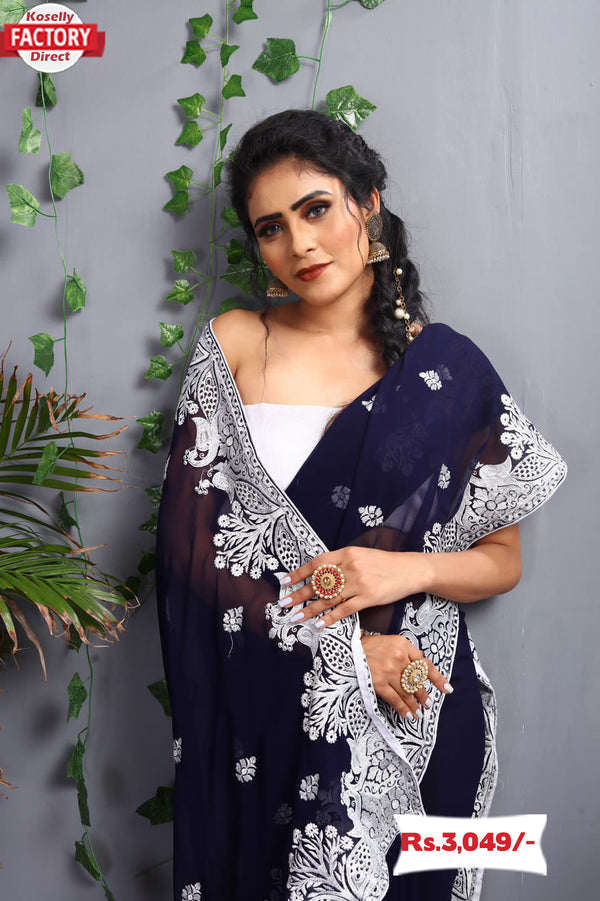 Navy Blue Kashmiri Work Partywear Saree