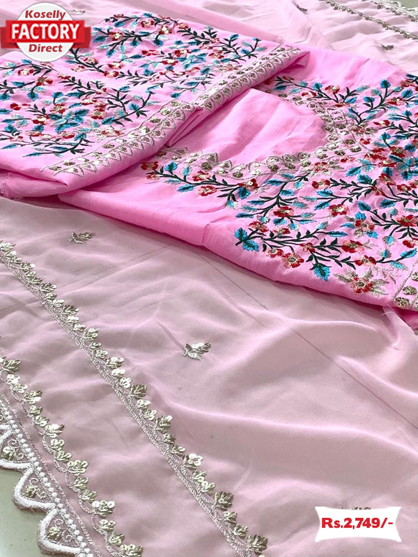 Baby Pink Georgette Embroidered Partywear Saree