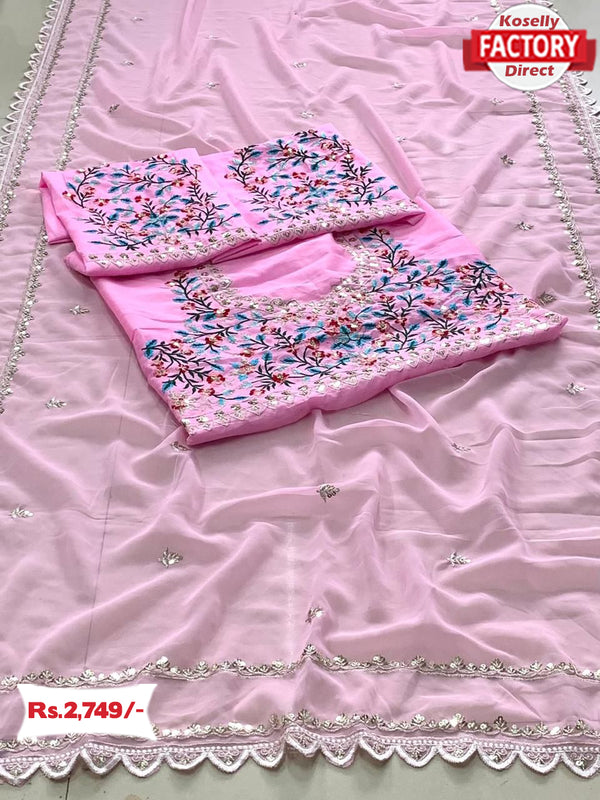 Baby Pink Georgette Embroidered Partywear Saree