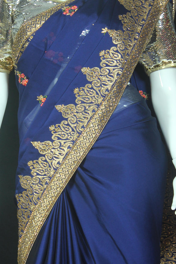Navy Blue Georgette Saree with resham embroidery