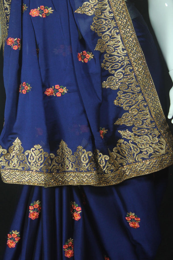 Navy Blue Georgette Saree with resham embroidery