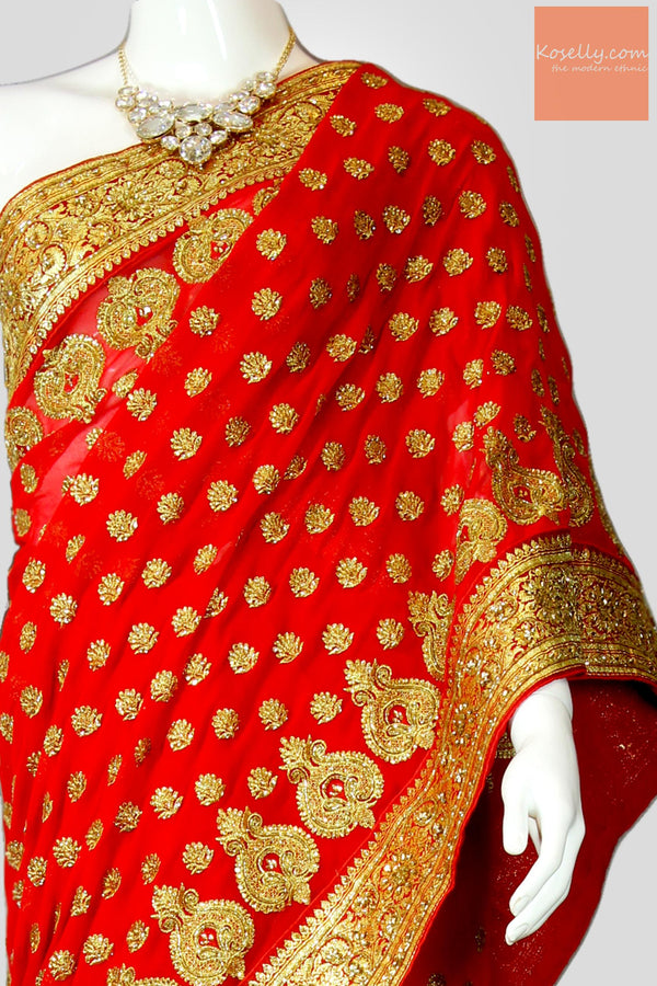 Bridal Red Georgette Embroidered Saree