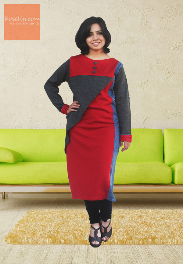 Red and Grey Woollen Kurthi