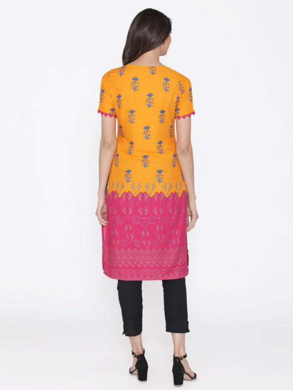 Yellow And Pink Straight Kurtha