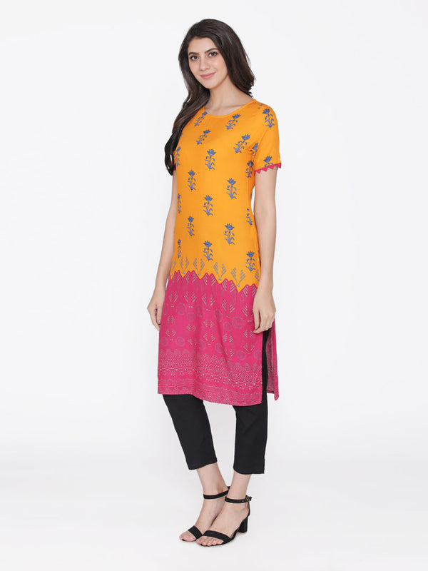 Yellow And Pink Straight Kurtha