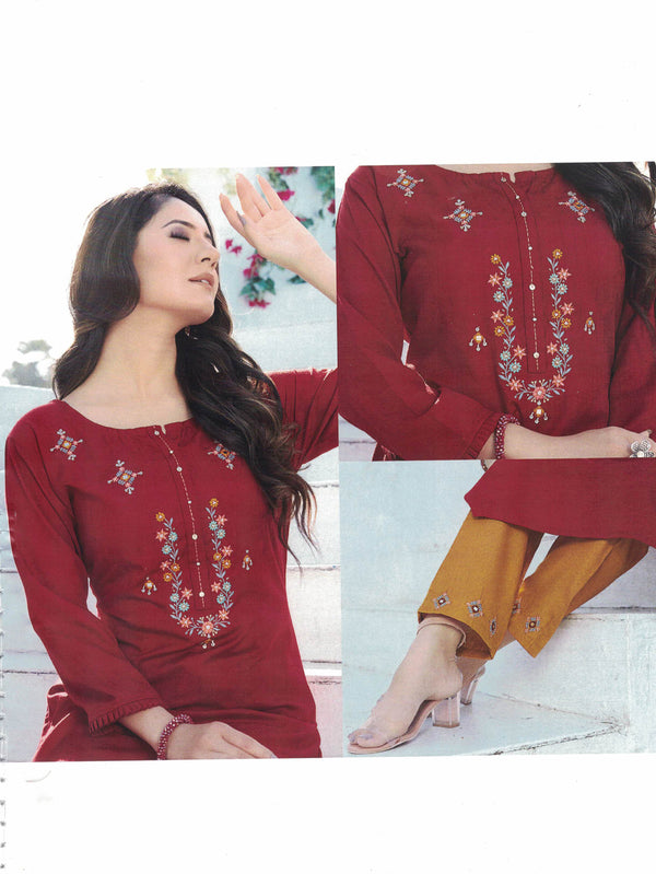 Red Embroidered Kurtha with Mustard Yellow Embroidered Pant