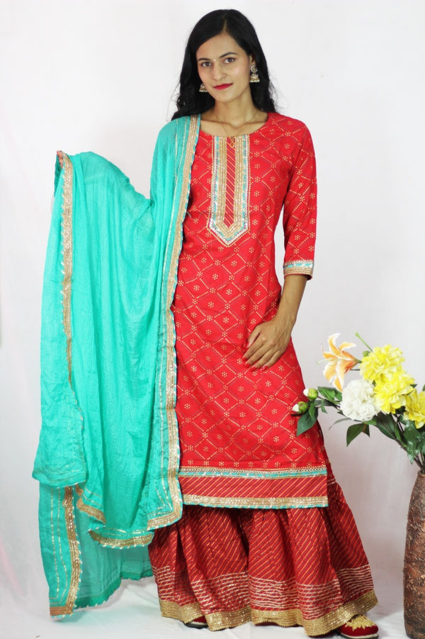 Red Pure Cotton Embroidered Kurtha Sharara Dupatta Set