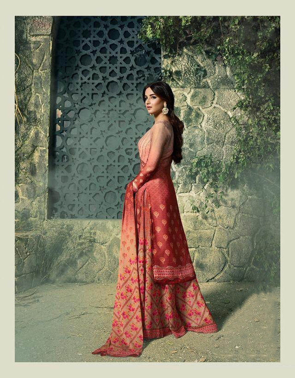 Peach Semi-stitched Pure Silk Kurtha Sharara Set