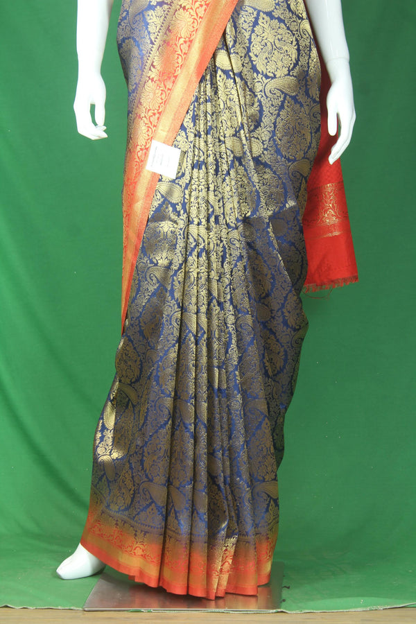 Navy Blue and Red Pure Kanjivaram Silk Saree