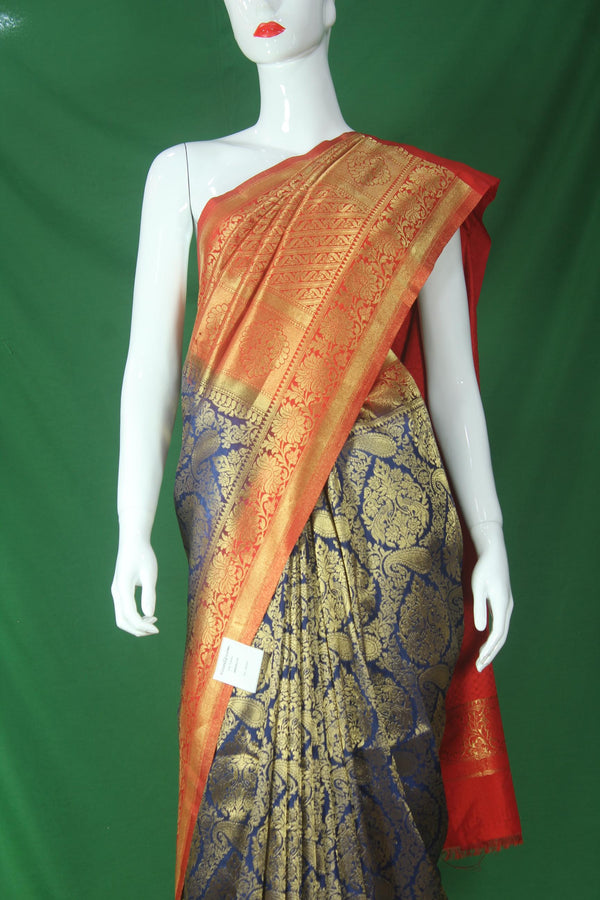 Navy Blue and Red Pure Kanjivaram Silk Saree