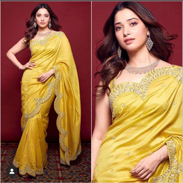 Yellow Paper Silk Designer Embroidered Saree