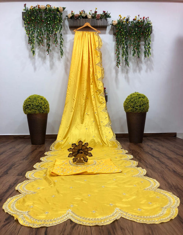 Yellow Paper Silk Designer Embroidered Saree