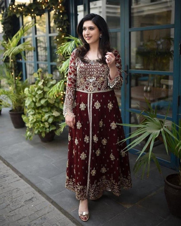 Maroon Embroidered Slit Kurtha with Pant