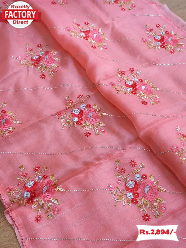 Dark Pink Pure Organza Embroidered Fancy Saree