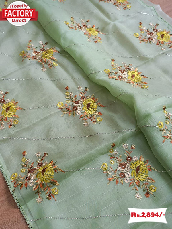 Dusty Green Pure Organza Embroidered Fancy Saree