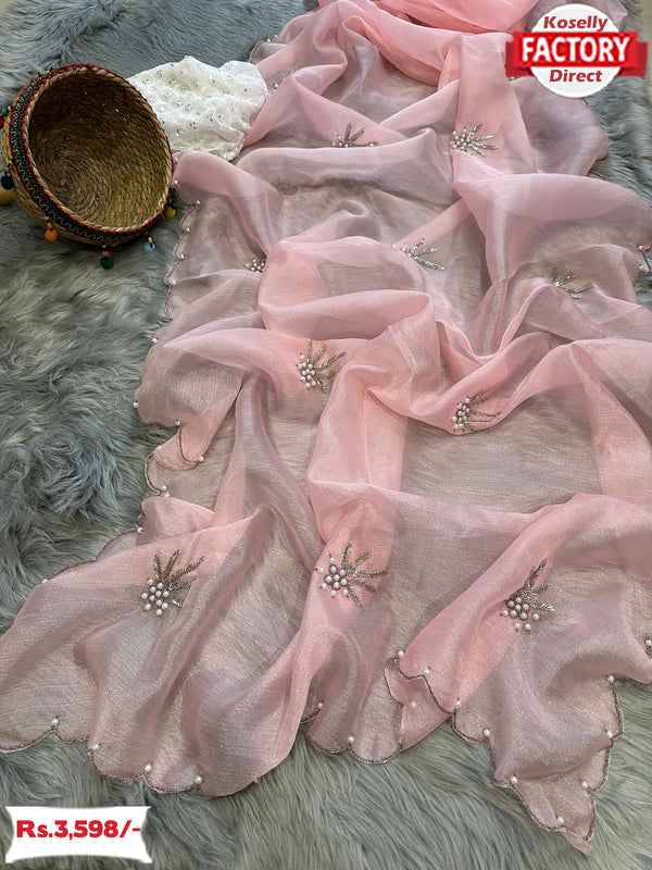 Baby Pink Pure Khadi Organza Saree With Handwork