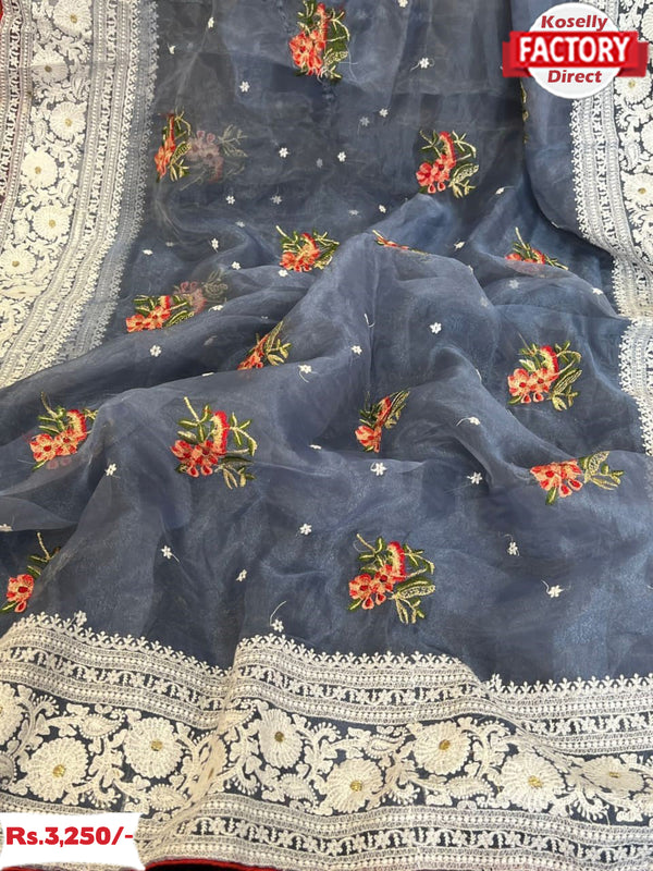 Ash Organza Fancy Saree With Chikankari Border