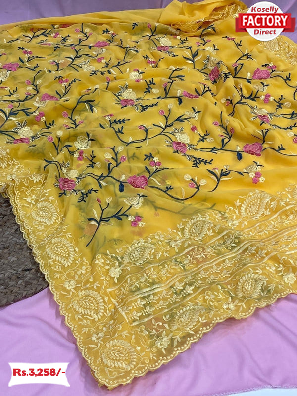 Yellow Pure Georgette Silk Embroidered Saree