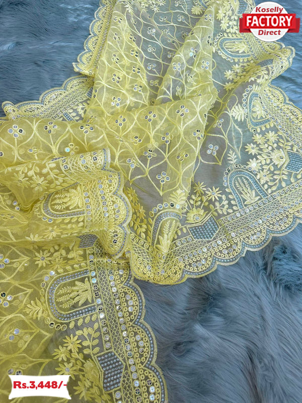 Yellow Organza Thread-work And Sequins Work Saree