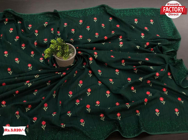 Dark Green Russian Silk Stone-worked And Embroidered Saree