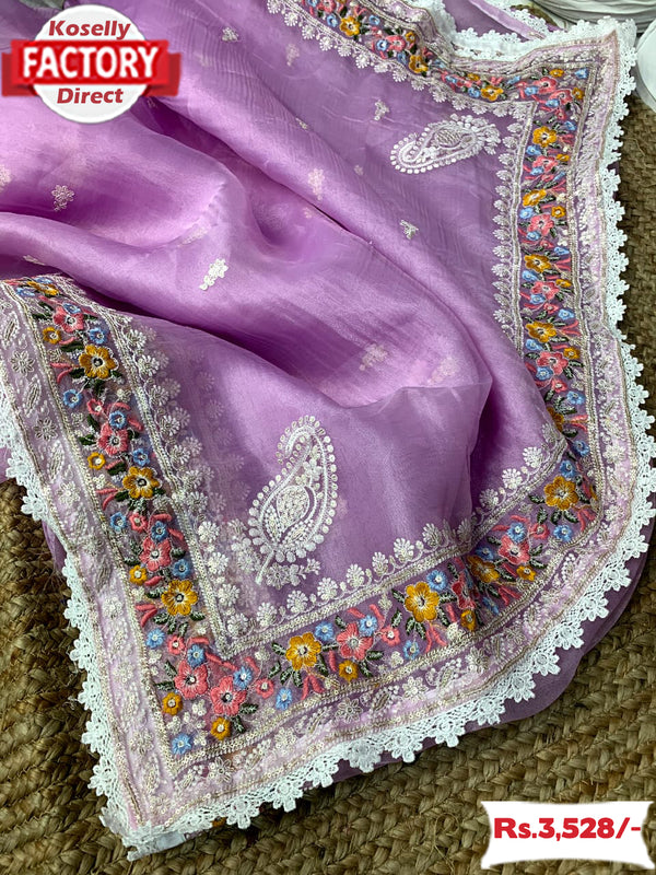 Lavender Pure Organza Multi-embroidery Partywear Saree