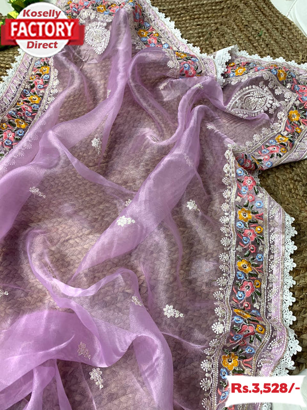 Lavender Pure Organza Multi-embroidery Partywear Saree