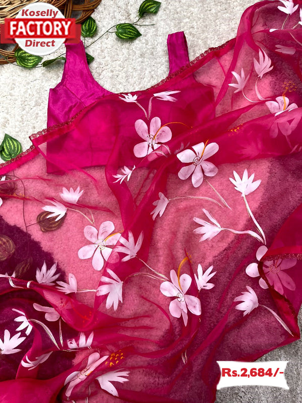 Hot Pink Pure Organza Handpainted Saree With Readymade Blouse