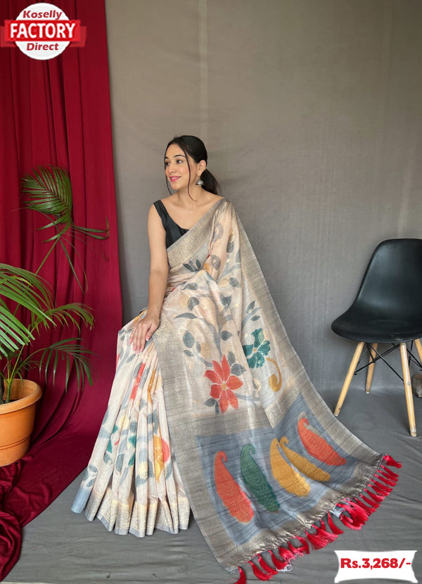 Pure Kora Silk Floral Print Saree With Katha Work