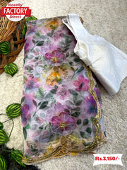 Handwork Floral Organza Saree With Stitched Blouse