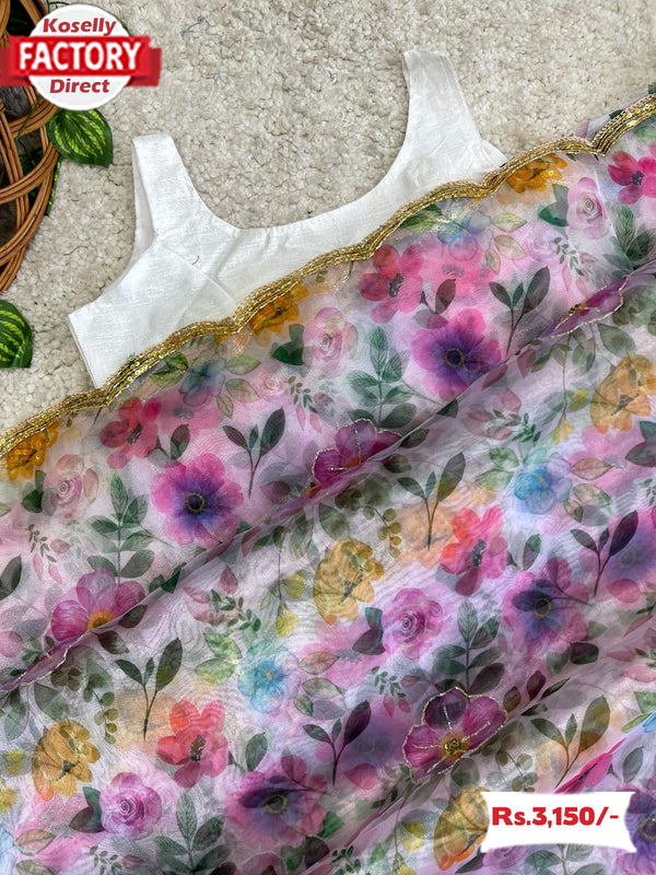Handwork Floral Organza Saree With Stitched Blouse
