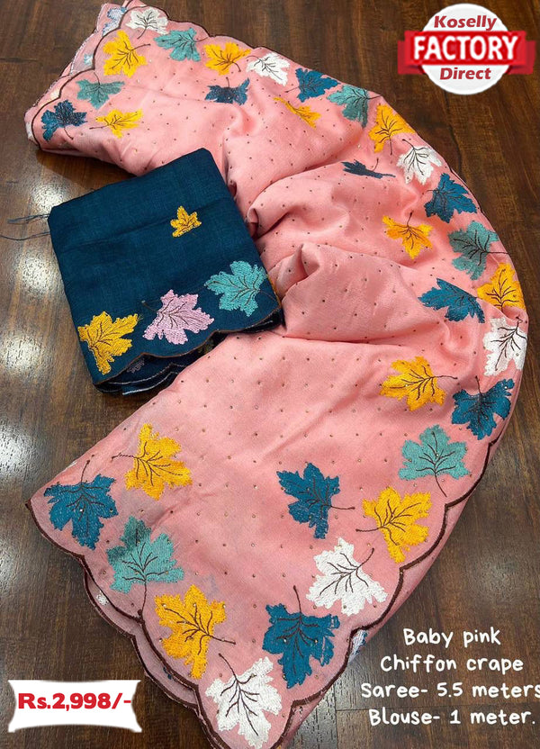 Baby Pink Chiffon Crepe Kashmiri Embroidered Saree